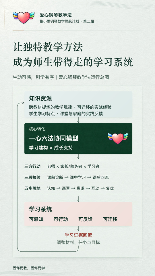 爱心钢琴教学法方法运行总图：知识资源经一心六法协同转化为学习系统，学习证据回流以调整材料、任务与目标